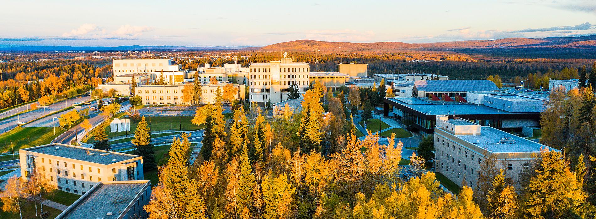 Aerial view of UAF Troth Yeddha campus in Fairbanks in autumn.